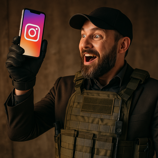 Tactical business owner in gear excitedly holding a phone displaying the Instagram logo—symbolizing Instagram’s new role in SEO and brand visibility.
